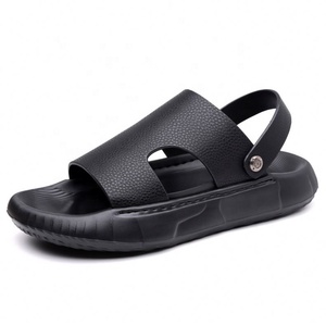 Sandales pour hommes en cuir véritable à imprimé léopard, à enfiler, à bout ouvert, décontractées d'été, antidérapantes, avec semelle en caoutchouc confortable - Product Image 5