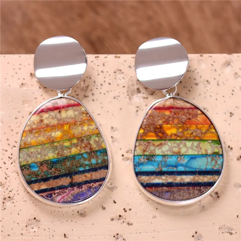 New Trendy Natural Stone Rainbow Drop Earrings for Women Boho 7 Charka Imperial Jasper Stud Dangle Earrings Jewelry Dropship