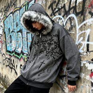 เสื้อฮู้ดดี้โอเวอร์ไซส์ทรงบ็อกซี่สำหรับผู้ชาย สไตล์วินเทอร์สตรีทแวร์ พร้อมลายปักดิจิทัลแบบกำหนดเอง กันลม มีซิป คอปกขนสัตว์ถอดออกได้ - Product Image 3