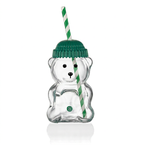 <b>Cute</b> <b>Bear</b> Glass Tumbler with Green Cap Straw 550ml Reusable Dishwasher Microwave Safe Single Wall Drinkware for Kids Party Gift - Product Image 1