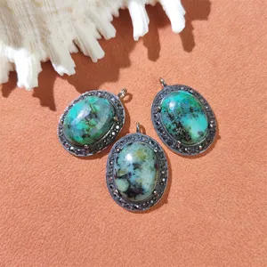 Wholesale Oval natural blue stone cz pave pendants real nature african turquoise jewelry silver plated necklace charm for women