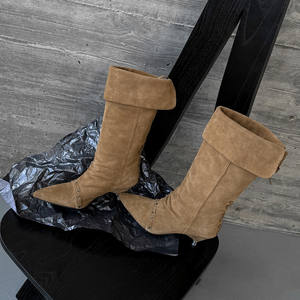 Four Seasons Retro French Fashion Genuine Leather Knee-High <b>Boots</b> Stiletto Heel <b>Slip</b>-<b>On</b> Closure Pleats Simple Design for Women - Product Image 2