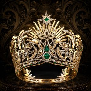 Couronne de Reine de <span class=keywords><strong>Luxe</strong></span> Plaqué Or avec Émeraudes et Cristaux Étoilés, Tiara Ronde Complète pour Concours de Miss Beauté - Product Image 1