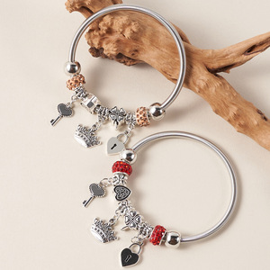 Fashion Charm <b>Bracelet</b> Tibetan Silver Heart Crown Key Lock Pendant Beaded Spring Elastic Bangle Unisex Gift Jewelry - Product Image 1