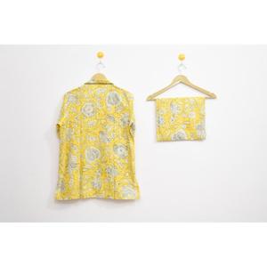 Yellow Colour 100% Cotton Hand Block Printed Pajama Set Long Sleeve Turn-<b>down</b> Collar 3 Piece Sleepwear Casual Loungewear Spring - Product Image 2