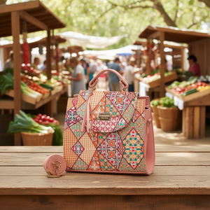 Sac de shopping en jute moyen pour femme Fana Emilia Pion, motif patchwork, usage quotidien, sac à vin, poignées rose clair, fermeture à fermoir - Product Image 2