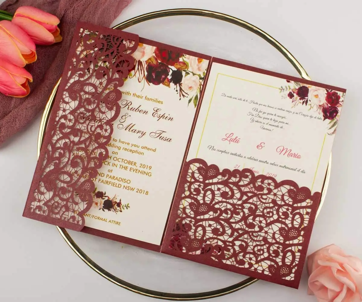 Avrupa tarzı almanya düğün davetiye bordo Vintage Tri Fold lazer kesim Hollow cep invitaciones de boda