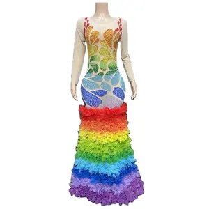 Rainbow Diamonds Dress Womens Elegant Robe Femme Dinner Party Ball Room Prom Show Costume