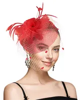 ファッション結婚式の魅惑的なヘアバンド花赤い羽魅惑的なヘッドバンドベール付き