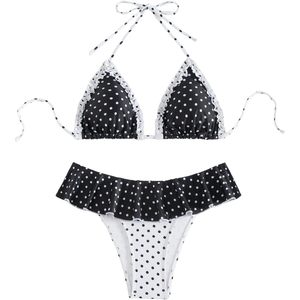 Women's 2 Piece Polka Dot <b>Bikini</b> <b>Set</b> Halter Lace Up <b>Triangle</b> Ruffled High Cut Swimsuit - Product Image 4