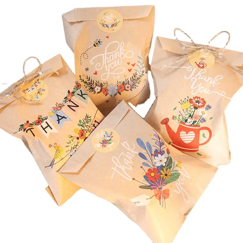 Thank You Kraft Paper Bags Cute Rainbow Dino Happy Birthday Gift Pouch Retro Flower Party Favor Bag Candy Cookie Supplies