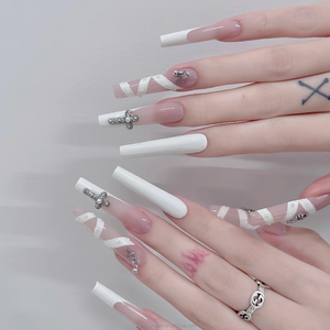 <span class=keywords><strong>Uñas</strong></span> postizas <span class=keywords><strong>de</strong></span> lujo hechas a mano, extra largas y reutilizables, con gráficos geométricos <span class=keywords><strong>de</strong></span> llamas blancas - Product Image 5