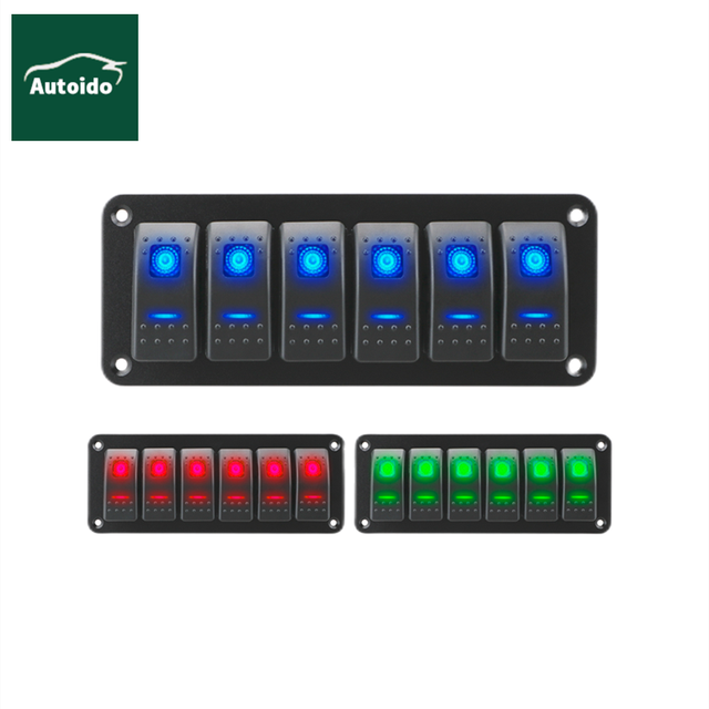 6 Gang Rocker Switch Aluminum Panel with Blue LED Light Waterproof 5 Pin on Off