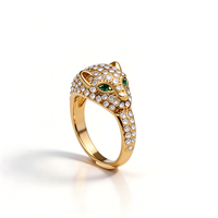Bague pour femme, design tête de léopard, pierre précieuse verte, yeux en strass, plaqué or 24 carats, acier inoxydable 316L, fabrication