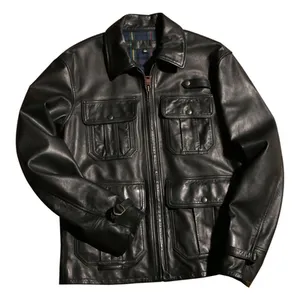Black italian sheep skin lapels jacket Solid Color Zipper for men's genuine leather jacket