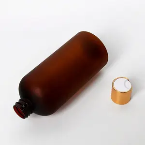 500ml Boston Round Brown Frosted PET Plastic Refillable Shampoo Lotion Bottle With Gold Disc Press Cap