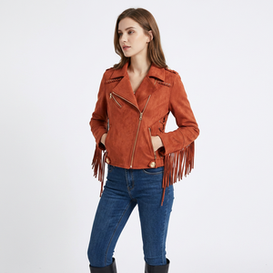 Womens Real Rust Suede Leather <b>Jacket</b> Fringe Sleeve Tassels Lace Up Sheepskin <b>Western</b> Cowgirl Biker Coat Custom Winter Outerwear - Product Image 1