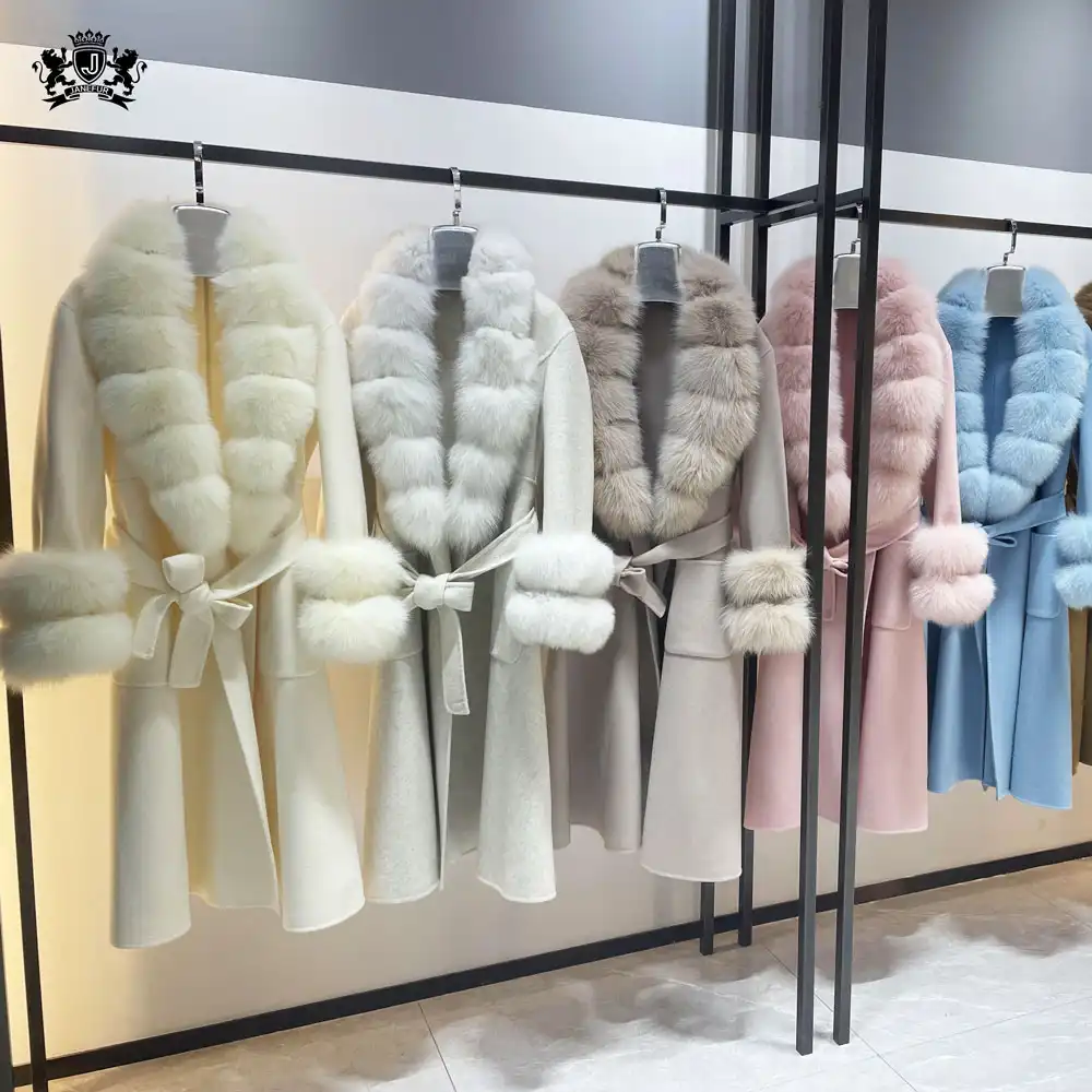 Janefur गर्म बिक्री शीतकालीन फैशन ऊन लंबी कश्मीरी कोट 100% महिलाओं के साथ बिग असली फॉक्स फर कॉलर