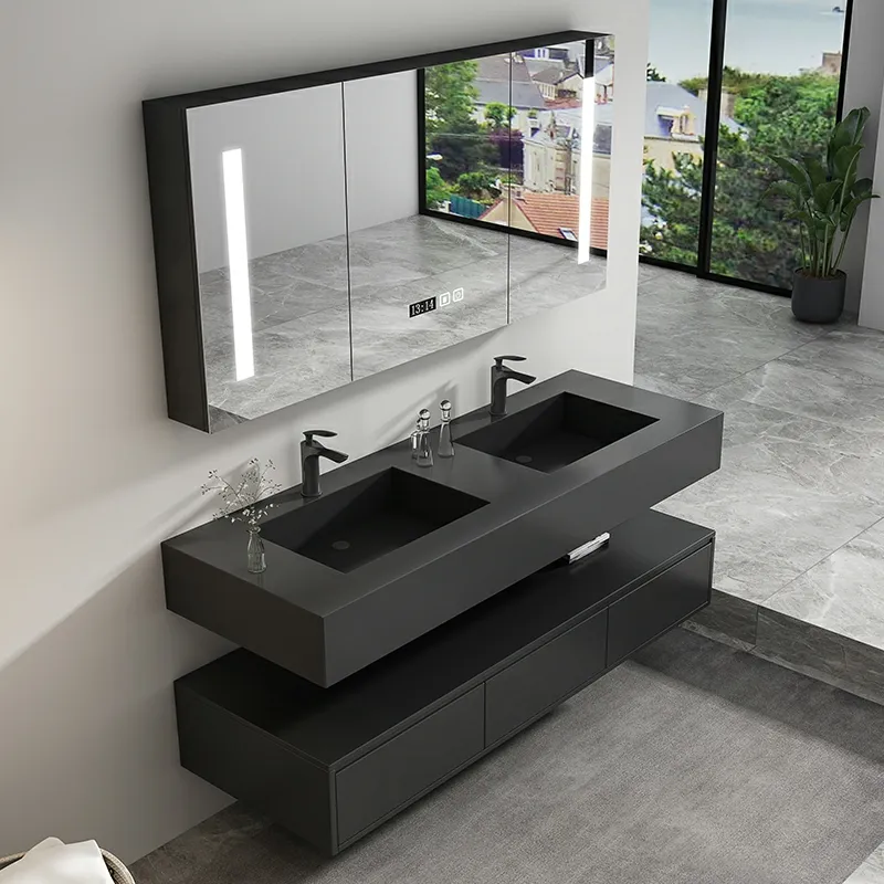 Black Solid Surface Double Integral Sink Wall Hung Vanities Unit Tops Pedestal Washroom Bathroom Cabinet With Ceramic Basin