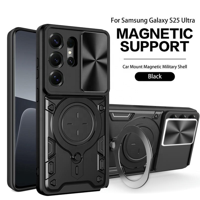 Slide Camera Lens Rugged Cover for Samsung S26 Ultra Plus Rotatable Kickstand Phone Case Hardcase Back Cover Black