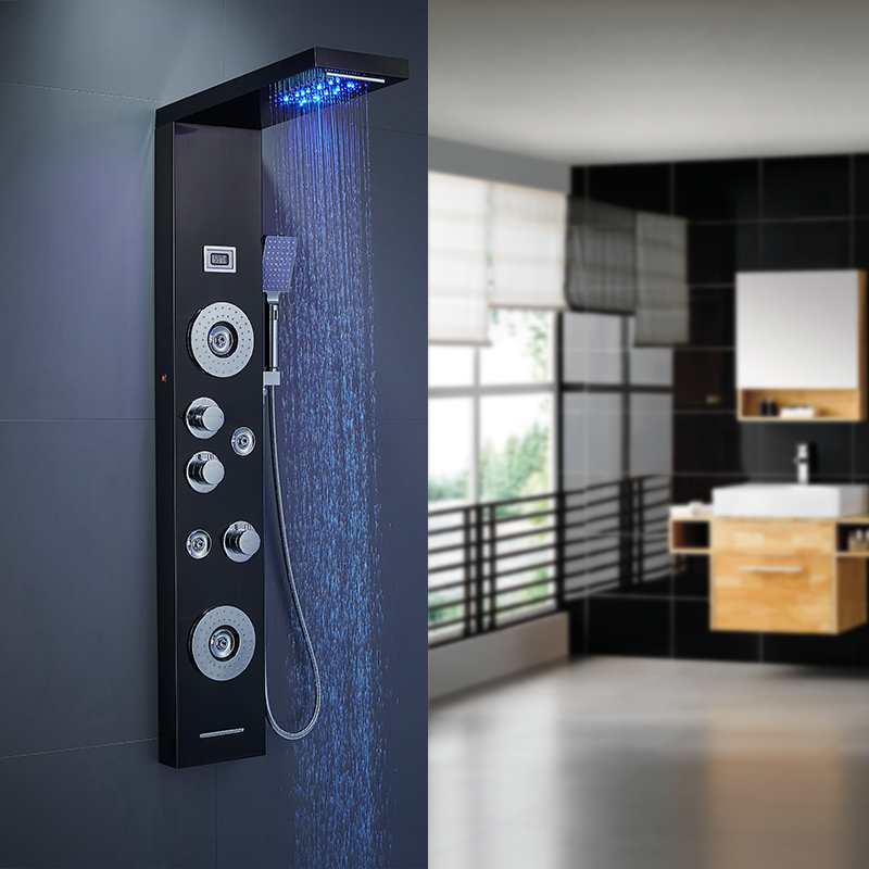 Лидер продаж, светодиодная душевая панель, насадка для массажа от дождя, душевая головка для ванной комнаты, настенный набор «Водопад» из нержавеющей стали 304, черный душевой набор