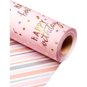 Rollo de Papel de Regalo Metálico Rosa Holográfico de Feliz Cumpleaños, Doble Cara, 46.5 Pies Cuadrados, Reciclable - Product Image 1