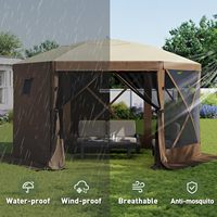 Tonnelle Pop-Up Hexagonale avec Fenêtres en Maille, Abri Extérieur, Sac de Transport, Grande Ombre pour Camping, Jardin, Patio, Pelouse, Marron