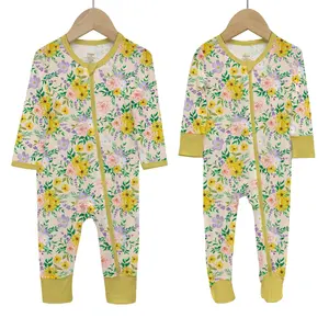 Wholesale Custom Print Bamboo Viscose Floral Pajamas Organic Double Zipper Bamboo Baby Romper Bamboo Baby Clothes