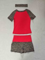 Ensemble Lounge d'été tendance pour femme en coton doux imprimé léopard avec bandeau - Haut à manches courtes raglan et short à revers 2026