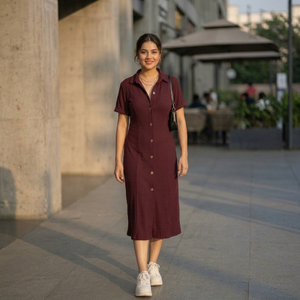 Robe chemise midi à col polo et manches courtes, couleur unie, en coton tissé, décontractée, respirante, coupe classique, pour femme, idéale pour l'été - Product Image 1