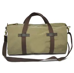 Factory custom high quality Olive green canvas leather sports gym luggage organizer duffel travel bags for men