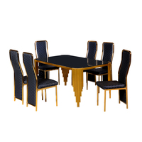 Ensemble de table à manger avec 6 chaises, plateau en verre trempé noir, structure en acier doré, mobilier moderne de luxe pour la maison