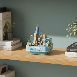 Caja de Música de Madera 3D del Centro Comercial del Mundo de Nueva York, Rompecabezas Mecánico de Cuerda, Ensamblaje Rápido, Adorno de Escritorio DIY, Transfronterizo - Product Image 1