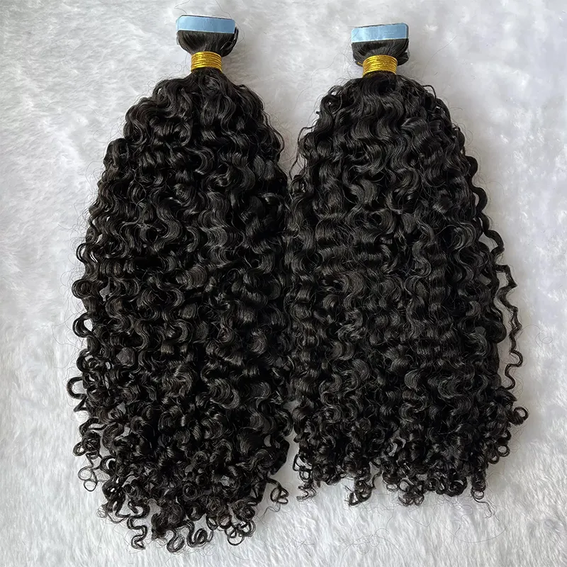 Fast shipping in stock high quality 100% virgin raw human hair invisible unprocessed kinky curly black tape in hair extensions