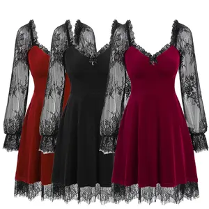 Nuovi Arrivi: Mini Abiti Gotici con Pizzo Floreale, Maniche a <span class=keywords><strong>Poeta</strong></span>, Patchwork in Velluto, Vestito a Strati per Feste da Donna, Tre Colori - Product Image 2