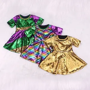 OEM New Design Mardi Gras Boutique Dress for Kids 7-Year-Old Girl's Sequined Solid Pattern Clothes with Short Sleeve Appliques