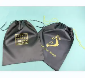 Black Satin Pouch Bag with Logo Dust Cover for Garment Wig Durable Hair Bag for Gift Packaging Textile Packaging Solution
