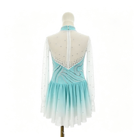 Robe de patinage et de danse vert menthe dégradé, col montant, manches longues en maille, dos en V orné de strass, pour enfants et adultes, compétition et performance