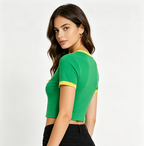 <span class=keywords><strong>T</strong></span>-<span class=keywords><strong>shirt</strong></span> court sexy personnalisé de haute qualité à <span class=keywords><strong>col</strong></span> en <span class=keywords><strong>V</strong></span>, <span class=keywords><strong>manches</strong></span> courtes contrastantes, coupe ajustée, style Ringer, pour <span class=keywords><strong>femme</strong></span>, uni - Product Image 3
