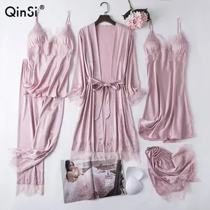 QINSI New Silk 5 Piece Sleepwear Set Thin Sexy Lace Nightgown Robe Sets Removable Chest Pad Bride Luxury Ice Silk Bathrobe