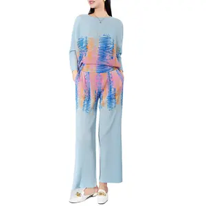 Miyake/OEM Casual Women's Clothing Pleated Suit Long Sleeve Printed Top Trousers Ladies Two Piece Suit