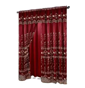 Sombreado de estilo americano 2 en 1 Set Grommet Top Borgoña bordado Live Room Curtain