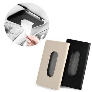 Cajón de papel de cuero PU montado en el coche, cajas de almacenamiento de pañuelos para sala de estar, caja de pañuelos tipo colgante negra para coche