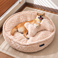 Coussin de couchage rond anti-anxiété pour animaux de compagnie, en peluche longue et moelleuse, chaud, avec rembourrage extra épais, nid douillet pour chats et chiens