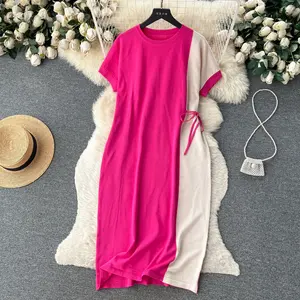 Colorblocking Loose Women Summer New Round Neck Tie T-Shirt Dresses