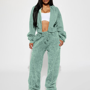 Ensemble survêtement décontracté pour femme, style streetwear, personnalisé, hiver, pantalon de survêtement court, délavage acide, effet usé, sweat-shirt à capuche avec fermeture éclair - Product Image 1