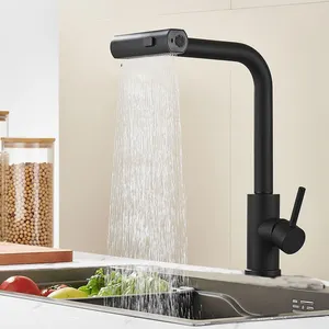 Keran dapur hitam matte tuas tunggal modern, keran air terjun, keran mixer wastafel dapur, semprotan tarik ke bawah