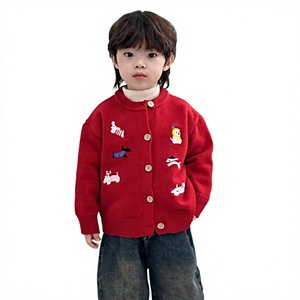 Neuer Kinder-Cartoon-Acryl-Faser-Pullover Herbst Mädchen Bestickter Welpen-Strickpullover Locker Sitzende Jungen Rote Strickjacke - Product Image 2
