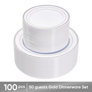 Juego de 100 Platos Desechables de PET, 50 Platos para Cena, 50 Platos para Ensalada, Libres de BPA, Ecológicos, Resistentes al Agua, Aptos para Microondas, Borde Dorado, Duraderos - Product Image 5