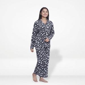 Ensemble de pyjama pour femmes en coton 100% uni à manches longues, vêtements de nuit en tricot doux, fermeture à cordon, style décontracté pour l'automne - Product Image 1